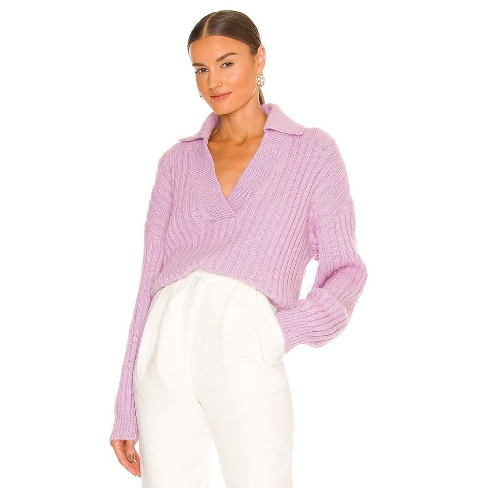 Essentiel Antwerp Annifer Collared V-Neck Mohair Blend Sweater in‎ Lilac Rain